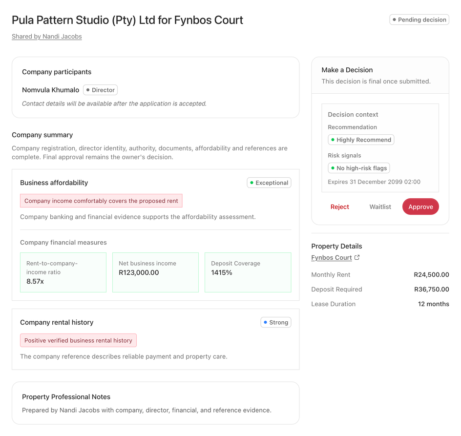 PropOS owner review showing the application summary, recommendation and decision actions.