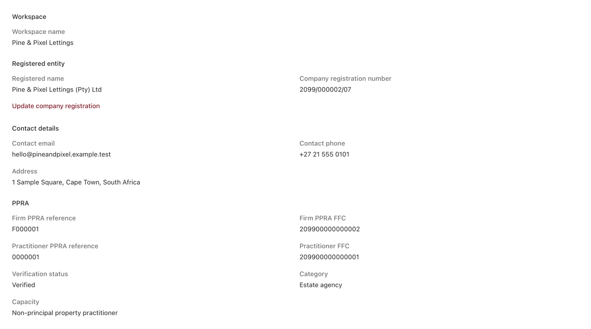 PropOS workspace profile showing Nandi Jacobs’s practitioner and firm PPRA verification status.