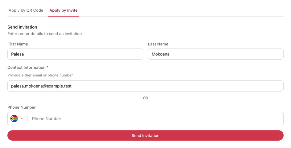 PropOS property page showing the application link, QR code and invitation controls for Fynbos Court.