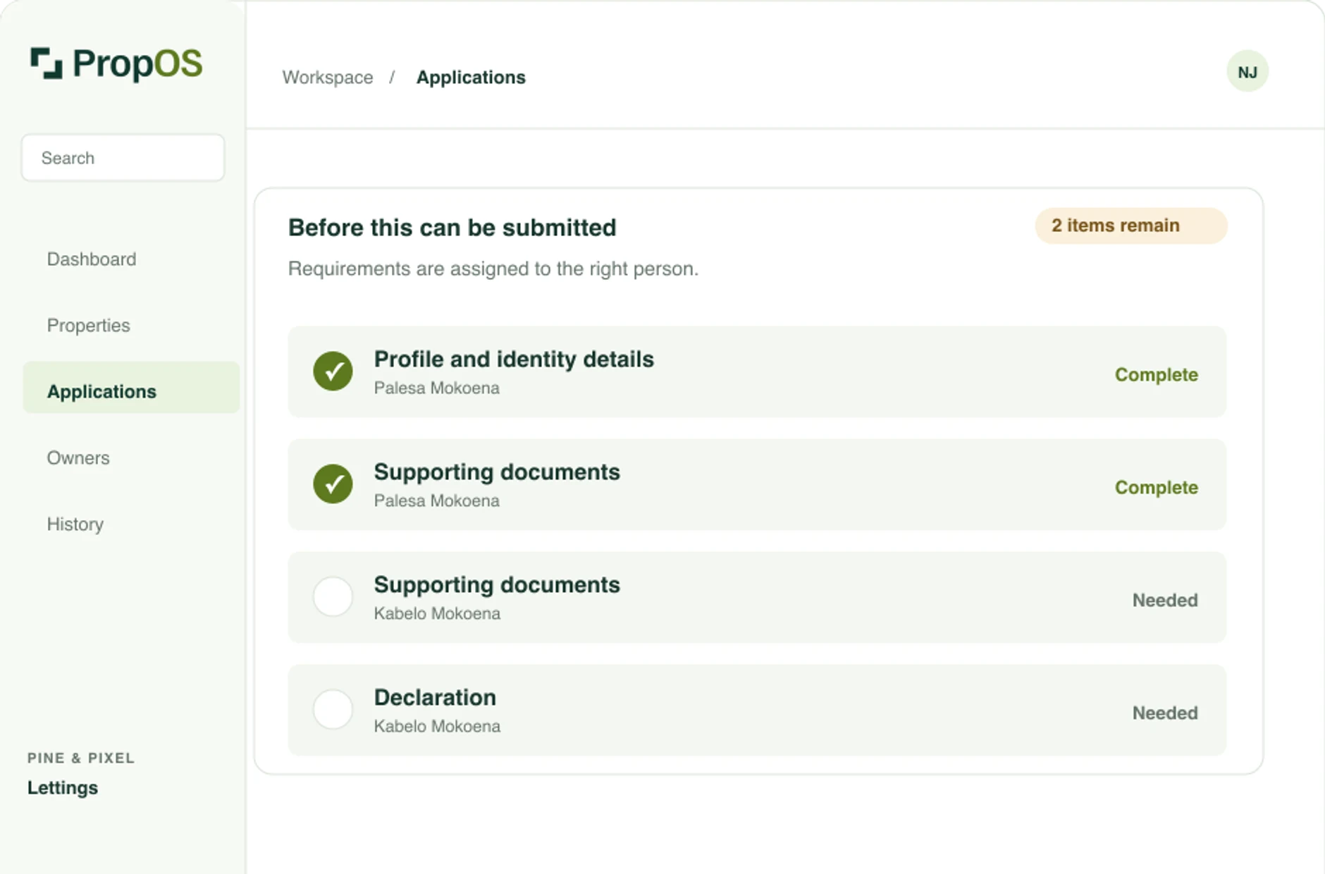Illustrative PropOS joint application showing each renter's assigned requirements and submission readiness.
