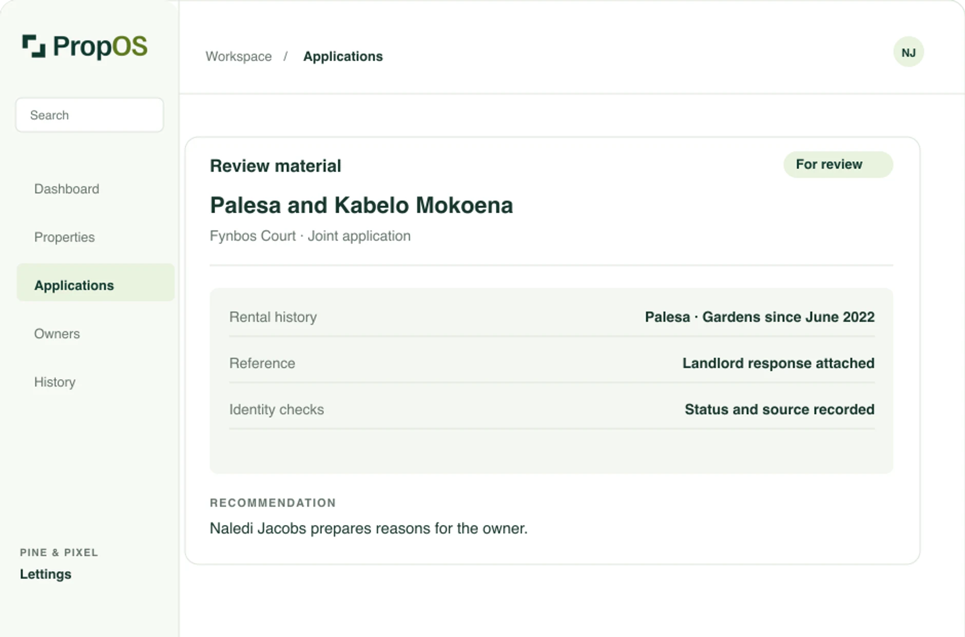 Illustrative PropOS review showing rental history, an attached landlord response, identity check status and the professional's next step.
