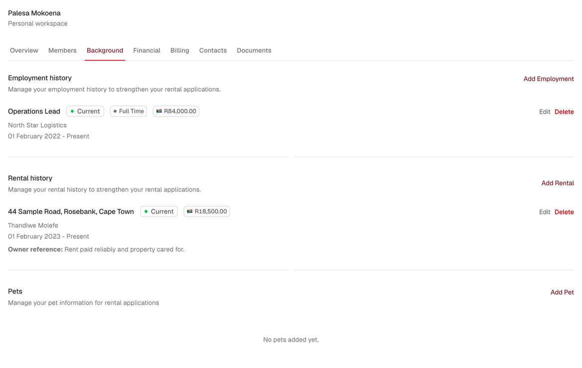 PropOS renter profile showing Palesa Mokoena’s current employment and rental history.