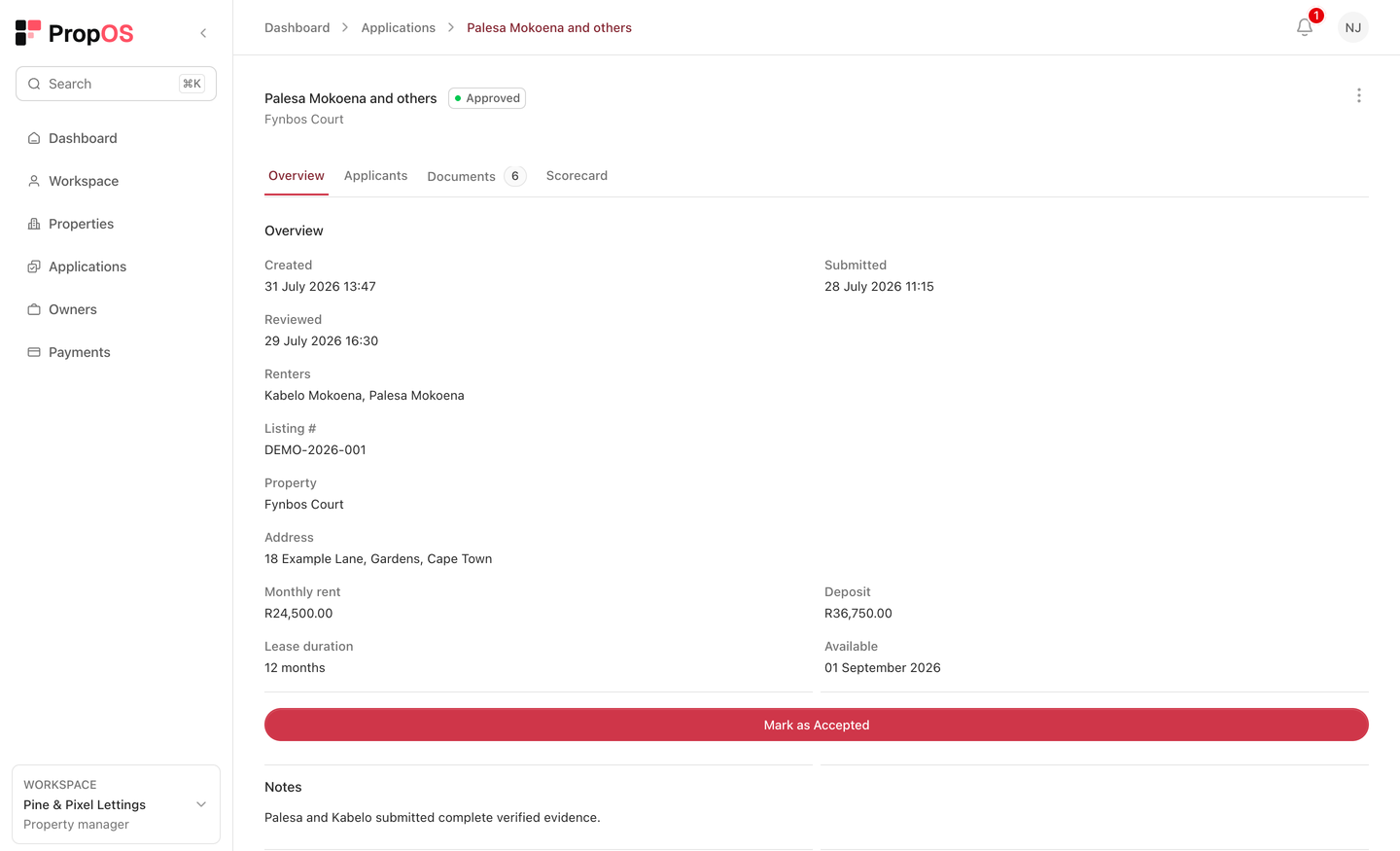 PropOS review workspace showing a joint application for Palesa and Kabelo Mokoena.